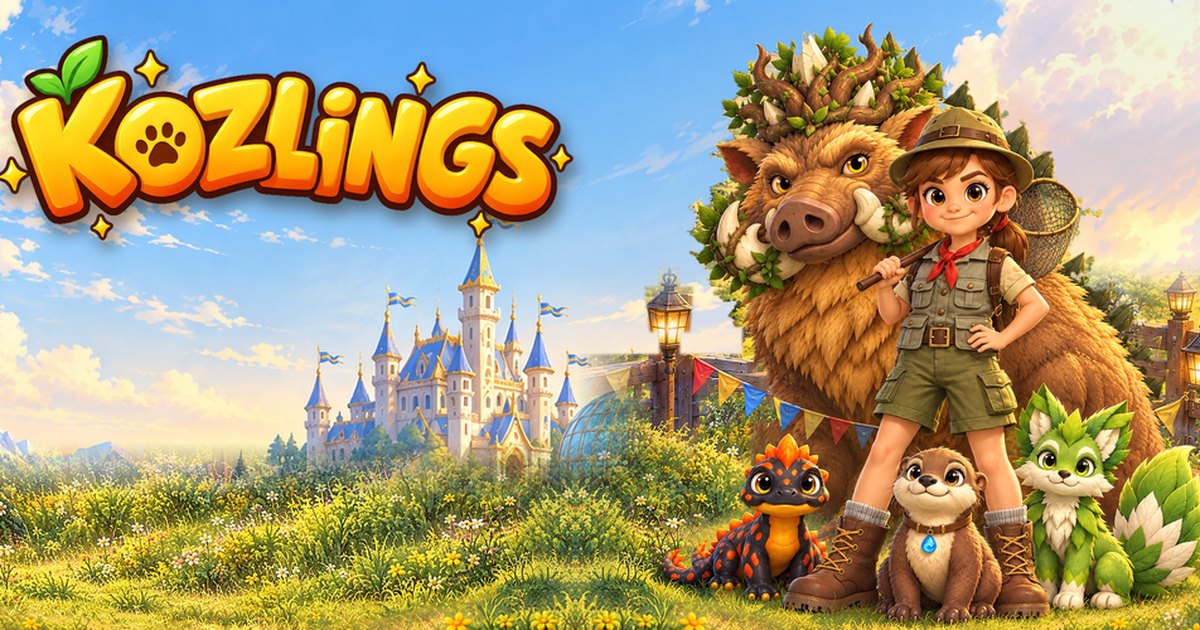 Kozlings key art: the keeper with Ember, Pebble, Sprig and the Thornback King, and the Royal Menagerie's castle behind them
