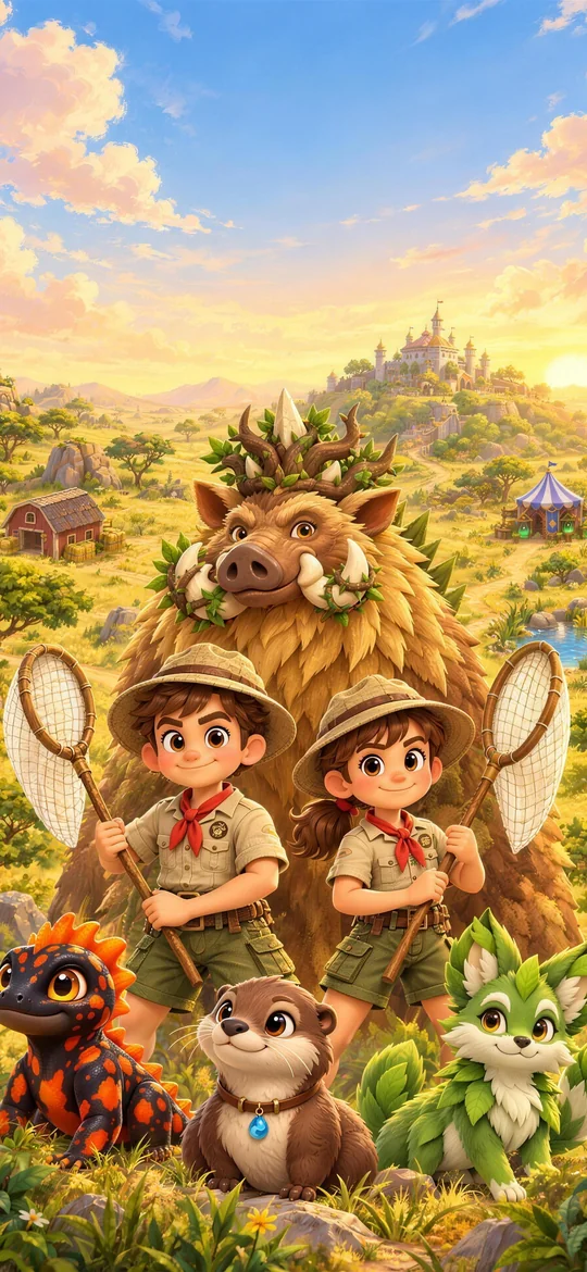 The keepers with a boar and a fox on the savanna